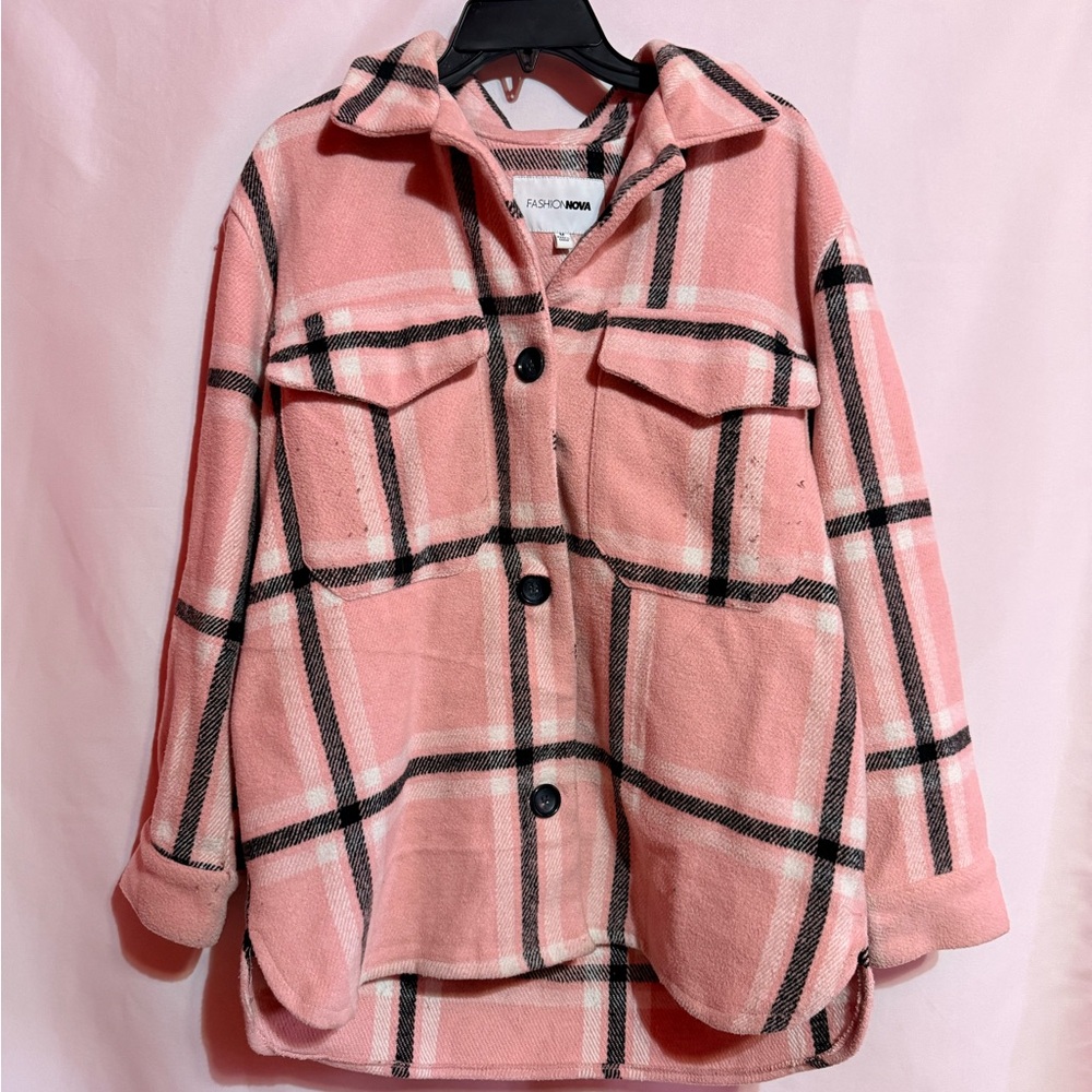 Fashion Nova Women Pink Plaid Shacket Jacket Button Up Casual Size M